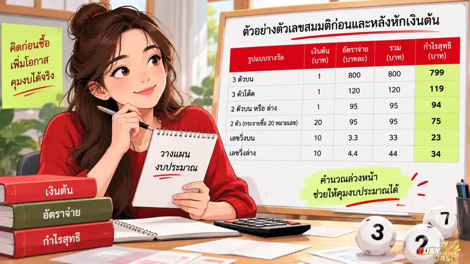 ภาพระยะใกล้ของสมุดบันทึกรายการคำนวณงบประมาณที่วางเคียงข้างเครื่องคิดเลขและตารางแจกแจงต้นทุน. ภาพนี้ช่วยเสริมความเข้าใจในเนื้อหาเกี่ยวกับการเปรียบเทียบผลตอบแทนรวมและการหักลบต้นทุนเพื่อคำนวณกำไรสุทธิ.