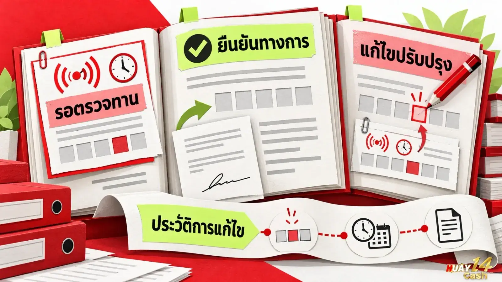 ภาพมุมใกล้ของสมุดจดบันทึกตัวเลขร่างที่มีรอยขีดฆ่าแก้ไข วางแยกจากเอกสารผลรางวัลที่มีตราประทับรับรองความถูกต้อง. ภาพนี้ช่วยสะท้อนถึงการแยกข้อมูลชั่วคราวออกจากบันทึกทางการ เพื่อเน้นย้ำความสำคัญของการตรวจทานก่อนจัดเก็บข้อมูลถาวร.
